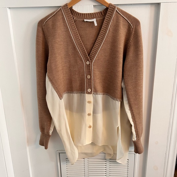 Chloe Brown and Off-White Georgette V-Neck Cardigan - Picture 5 of 10